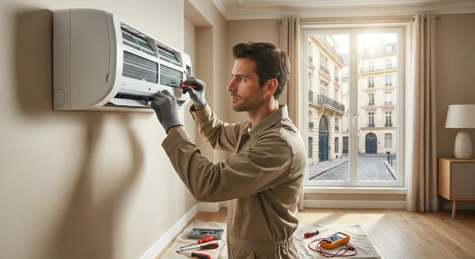 Un technicien en uniforme professionnel réparant l'unité intérieure d'un climatiseur mural dans un intérieur résidentiel. Le technicien utilise des outils et effectue une maintenance ou réparation. La scène doit montrer clairement l'action de dépannage/réparation d'un climatiseur dans un environnement domestique pour transmettre la réactivité et le professionnalisme du service.